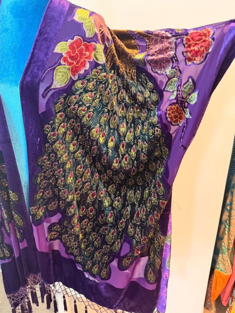 Purple Peacock Embroidered Kimono Duster Fringe Boho - Picture 7 of 11